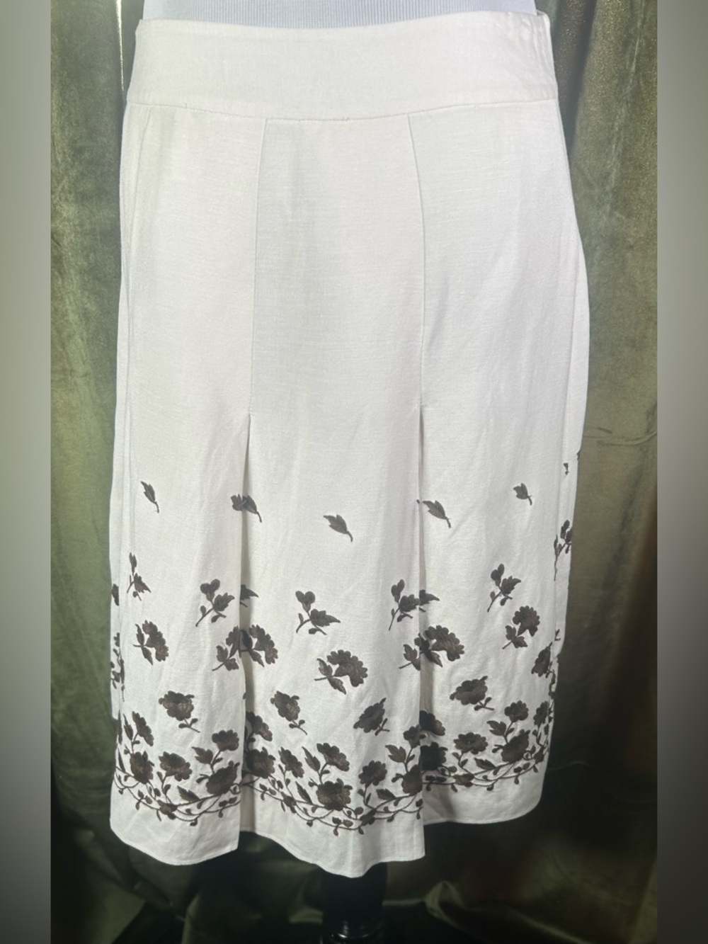 Vintage 90's Ann Taylor Floral Embroidered Linen Blend Pleated A-line Skirt - Picture 5 of 6